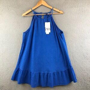 New Zara XS Royal Blue Halter Neck Sleeveless Ruffle Hem Mini Dress